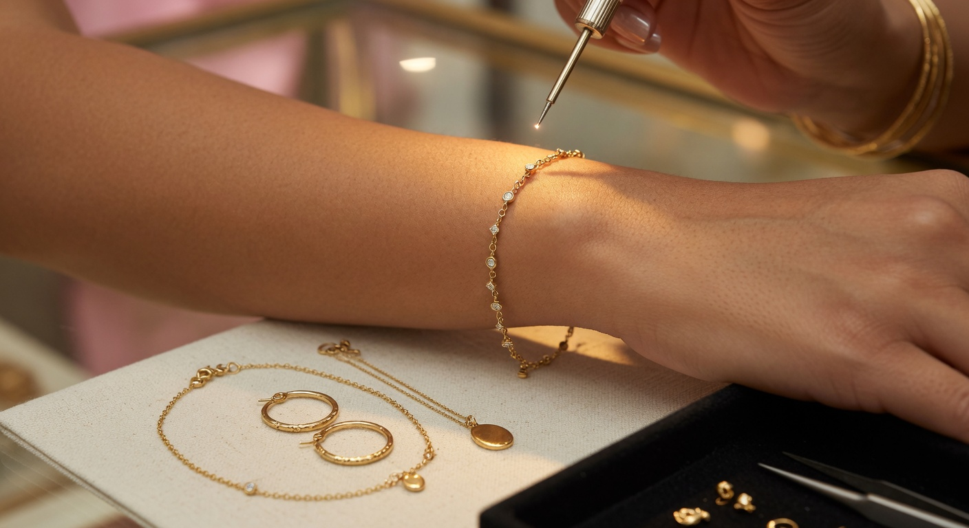 A jeweler welding a permanent gold chain on a wrist