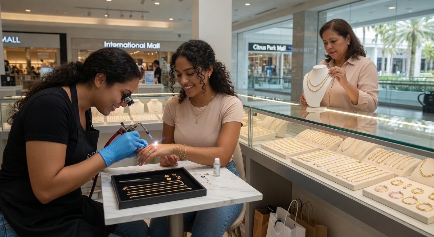 A Prestige Jewelry showroom display of 18K gold pieces